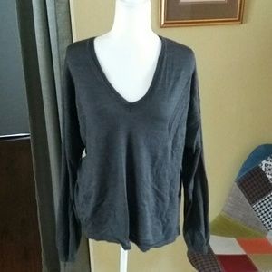 Gray Merino Wool Long Sleeve V Neck Sweater